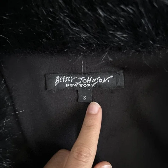Betsey Johnson Penny Lane Coat Womens S Black Velvet Faux Fur Trim Y2K Glam - Picture 7 of 13